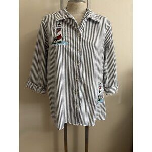 VTG Lighthouse Shirt Medium Coastal Nautical Maine Womens L Seaside Cottagecore